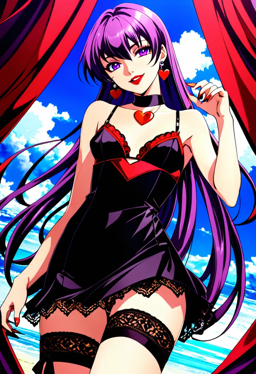 (anime, masterpiece) intricate, summer sea aestetic background, comics_darkstalkers_morrigan_aensland, 1girl, Slender hips, slim stomach, thin waist, sexy posing, aesthetically pleasing view, looking at viewer, medium breasts, slim body, violet hair, violet eyes, skimpy black silk dress, long hair, black garter stockings, symmetrical stocking size, very short mini skirt, lingerie, heart shaped earrings, girly decorations, solo, flowers, modest smile, bright red lipstick, painted nails (red), from Dutch angle