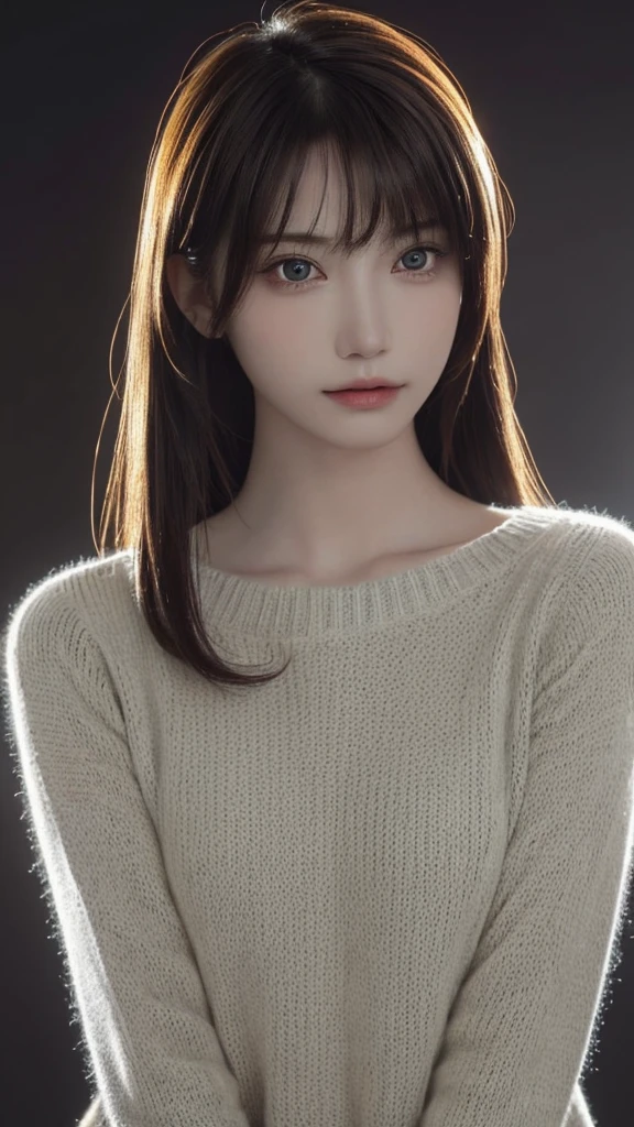 masterpiece, 1 beautiful girl, detailed, Swollen eyes, highest quality, 超A high resolution, (reality: 1.4), original photo, 1 girl, movie lighting, (laughter:0.6), Japanese, Asian Beauty, Korean, Proper, very very beautiful, a little young face, beautiful skin,orange hair、 slender and big, black sweater、cyberpunk background, (Ultra-realistic), (enlightenment), (High resolution), (8K), (Very detailed), (The best enlightenmentns), (Beautifully detailed eyes), (Super detailed), (wallpaper), (Detailed face), looking at the viewer, Detailed, detailed face、deep shadow、Inconspicuous、Pure erotic face ace_v1、46 point diagonal bangs、look straight ahead、neat clothes、black eyes、