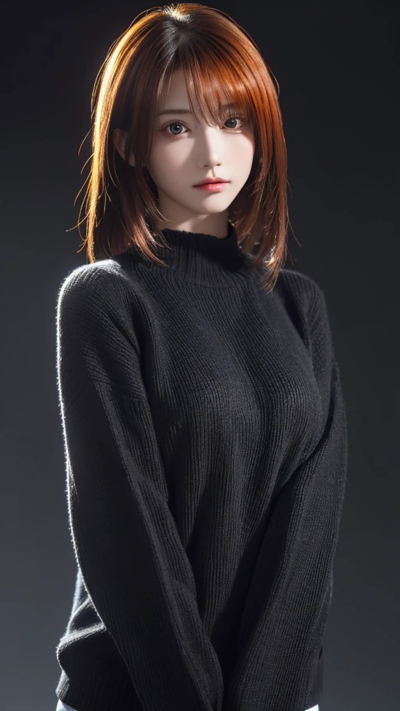 masterpiece, 1 beautiful girl, detailed, Swollen eyes, highest quality, 超A high resolution, (reality: 1.4), original photo, 1 girl, movie lighting, (laughter:0.6), Japanese, Asian Beauty, Korean, Proper, very very beautiful, a little young face, beautiful skin,orange hair、 slender and big, black sweater、cyberpunk background, (Ultra-realistic), (enlightenment), (High resolution), (8K), (Very detailed), (The best enlightenmentns), (Beautifully detailed eyes), (Super detailed), (wallpaper), (Detailed face), looking at the viewer, Detailed, detailed face、deep shadow、Inconspicuous、Pure erotic face ace_v1、46 point diagonal bangs、look straight ahead、neat clothes、black eyes、
