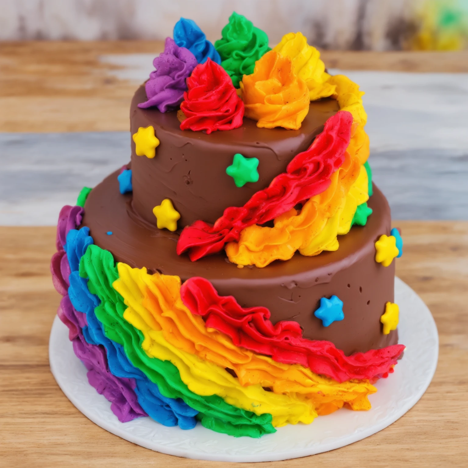 on a wooden table. there is a white plate. double tier chocolate cake, rainbow cream in the form of ruffles, decorated with rainbow stars made of polymer clay, multi-colored cream on top, against the background of the kitchen, Beautiful light from the window, Contour light, several light sources, beautiful lighting, Bright light source, bright lighting, beautiful light sources, Multiple light sources, Realistic style , realistic texture, detailed texture, A high resolution, high quality, beautiful photo of the cake, advertising photo, macro photography