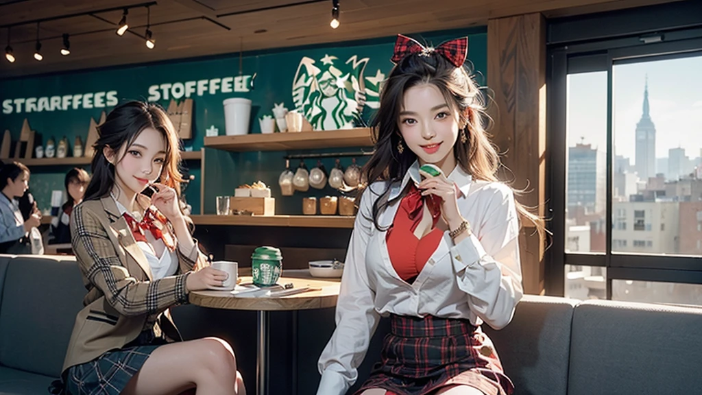 8K、RAW Photos、Highest quality、Super detailed、Super Resolution、Ultra HD、8K壁紙、Amazing details blazer uniform girl ((White blouse with formal collar, A nice red blazer, Black plaid skirt, Red checkered ribbon on blouse)), Complete limbs, Full Finger,
((((Inside the Starbucks store))))、16 year old female student、(((Eat cake、Drink coffee、smile)))、Heart Necklace、Gold bracelet
((Emphasize cleavage))
((((Woman sitting at the window seat))))