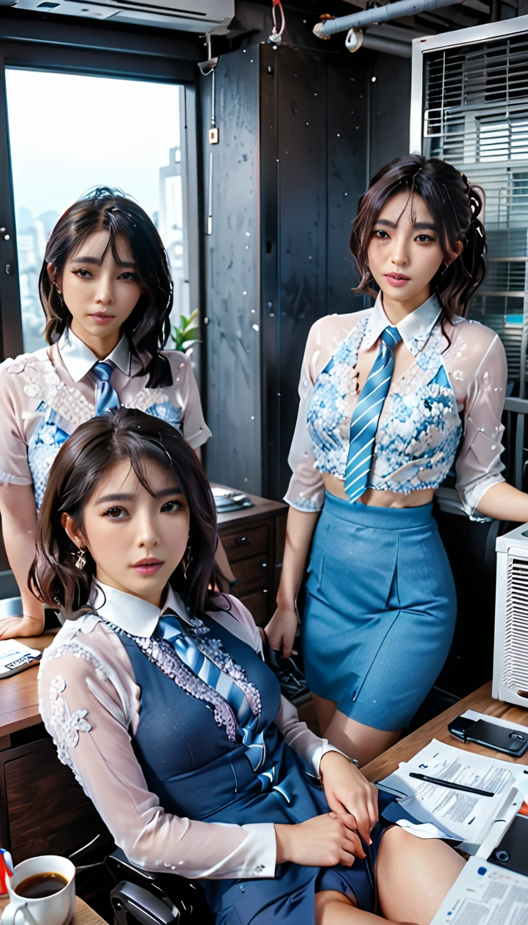 Ultra-high-resolution 8K portrait of a hyper-realistic J-POP styled office scene with beautiful women divided around a desk over the air conditioning temperature setting, extremely detailed, cinematic composition, trending on ArtStation