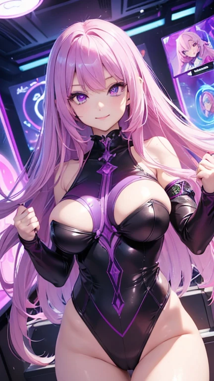 One girl (masterpiece, round_iris, very crisp crystalline shiny purple eye, perfection_anatomy, very_Enchanting_Hypnotic_Mysterious_eye, ) perfection face, Long pink hair, Malicious smile, Big Breasts, play video games, Gamer Girl, Games Room, Pink Wall, Dynamic pose, Highest quality, 4K
