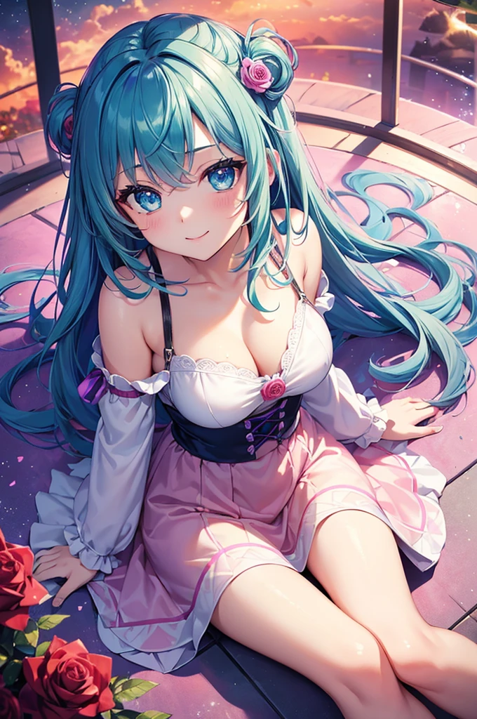 ((Highest quality, Tabletop)),  ((Style - Swirl Magic):0.75)
One Girl,(((masterpiece)))、((超detailedな、Highest quality、High resolution、Cinema Lighting))、whole body、From above、whole bodyショット (1 girl)(Rainbow Hair、Colorful Hair、Half Green、Half purple hair:1.2)(Both sides up)(Grey Eyes)、eye shadow、eyeliner、Glowing Eyes、Hyper Detail Eye、Complex eyes、Beautiful Eyes、((Sparkling blue eyes))18-year-old girl、A seductive smile、detailed, Crimson Light, detailed background, Pink rose field, White sundress, Scary Clouds, Light Particles, sitting on roses,((Unusual hairstyle)),Unbelievable hairstyle