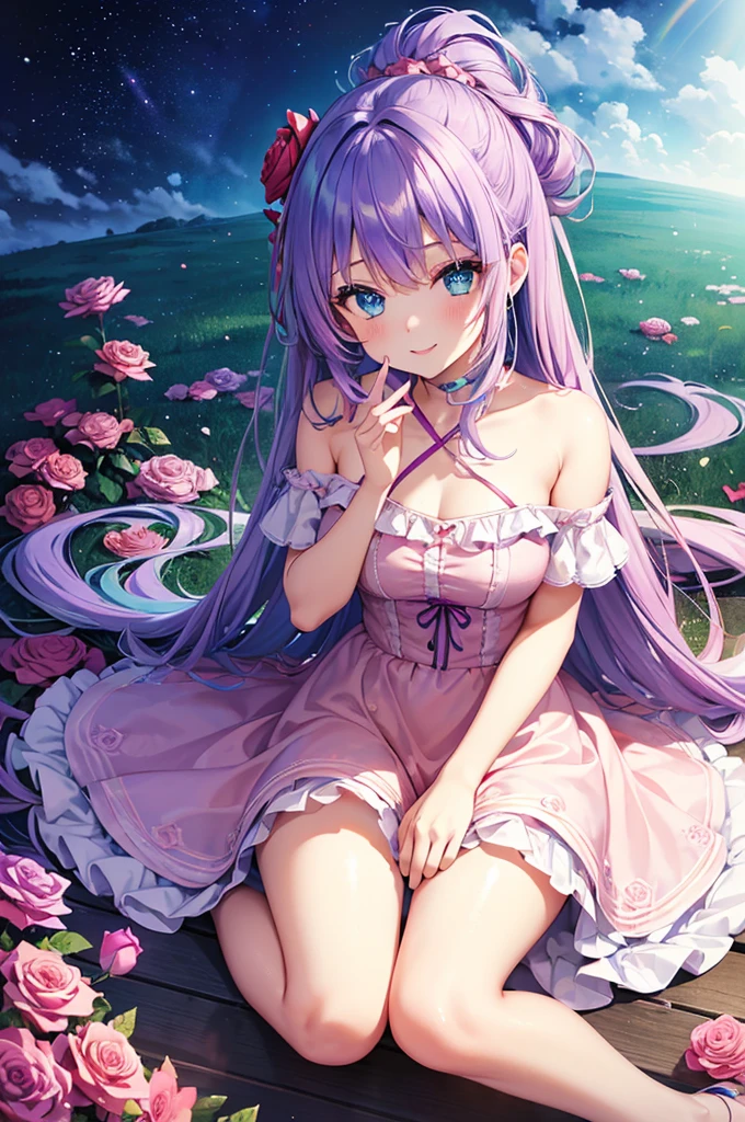 ((Highest quality, Tabletop)), ((Style - Swirl Magic):0.75)
One Girl,(((masterpiece)))、((超detailedな、Highest quality、High resolution、Cinema Lighting))、whole body、From above、whole bodyショット (1 girl)(Rainbow Hair、Colorful Hair、Half Green、Half purple hair:1.2)(Both sides up)(Grey Eyes)、eye shadow、eyeliner、Glowing Eyes、Hyper Detail Eye、Complex eyes、Beautiful Eyes、((Sparkling blue eyes))18-year-old girl、A seductive smile、detailed, Crimson Light, detailed background, Pink rose field, White sundress, Scary Clouds, Light Particles, sitting on roses,((Unusual hairstyle)),Unbelievable hairstyle