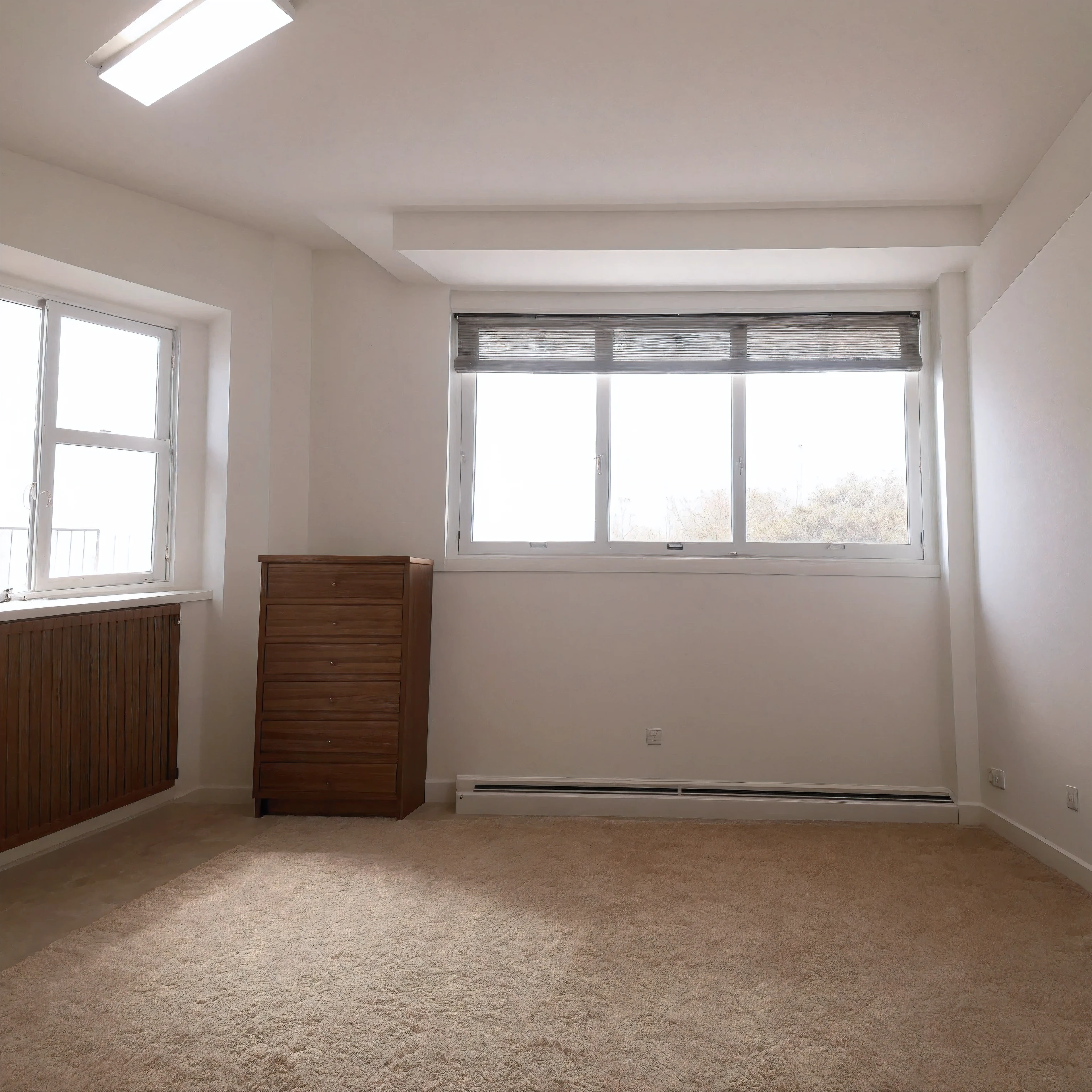 Highest quality，masterpiece，interior design，unmanned，Studio，living room，window，Daytime，sunlight、studio、Apartment、The walls are white、There is nothing in the room、refrigerator