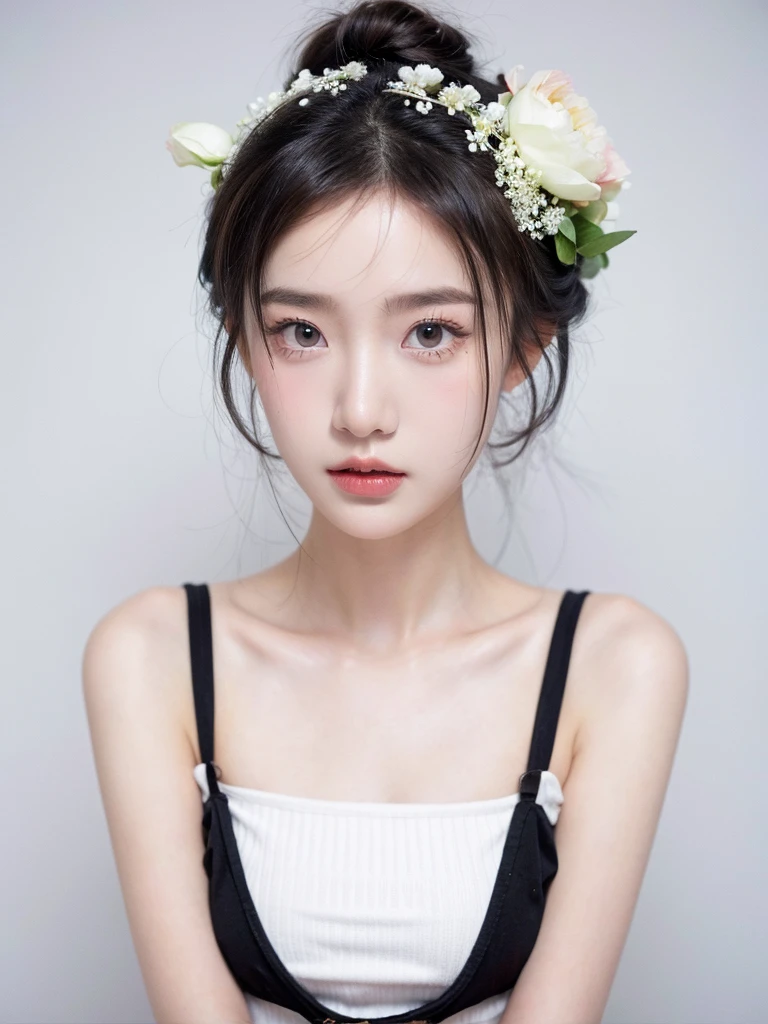masterpiece,Best picture quality,Extreme details,Ultra-high resolution,Ultra-high definition,Beautiful young people,Glowing skin,thin,Black Hair,Half bun,1,big eyes,beautiful eyes,Lipstick,Exquisite facial features,Medium shot,Looking at the viewer, Tube Top Suspenders,Single tone background,White background,Soft light,Wear flowers on your head