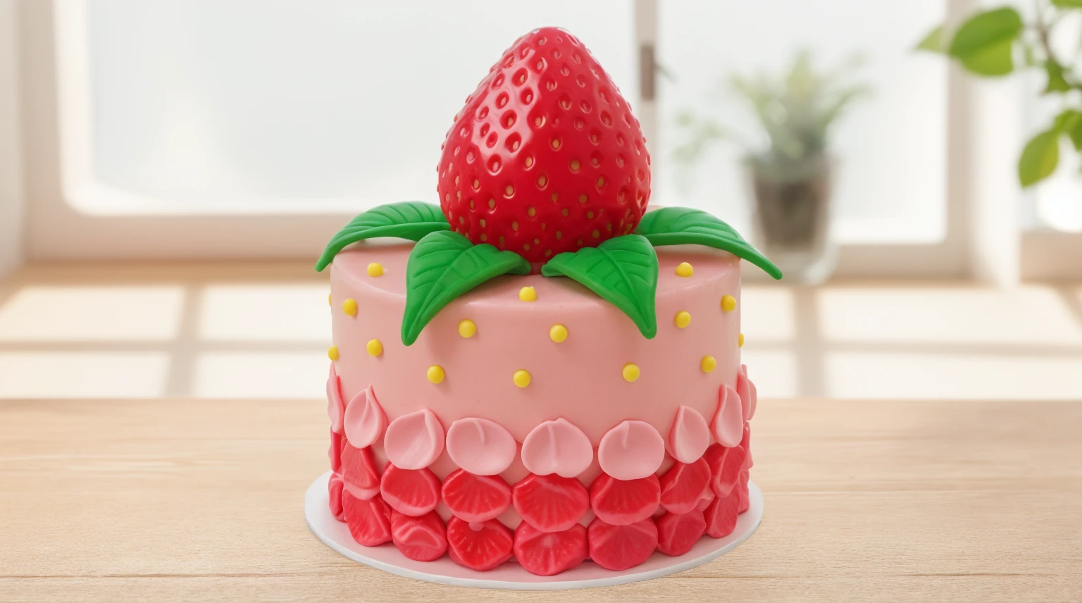 in the kitchen, on a wooden table, on a porcelain plate, a tiny pink cream cake, the bottom is decorated with cream petals, on top of the cake is a polymer clay candy in the form of a strawberry with leaves, the cake is decorated with tiny yellow dragee candies, bright lights, soft light, window light, professional lighting, light from the window, neat light, realistic texture, realistic style, detailed texture, high quality, high resolution, high quality rendering, realistic photo, brightning light, macro photo, 4k ultra HD
