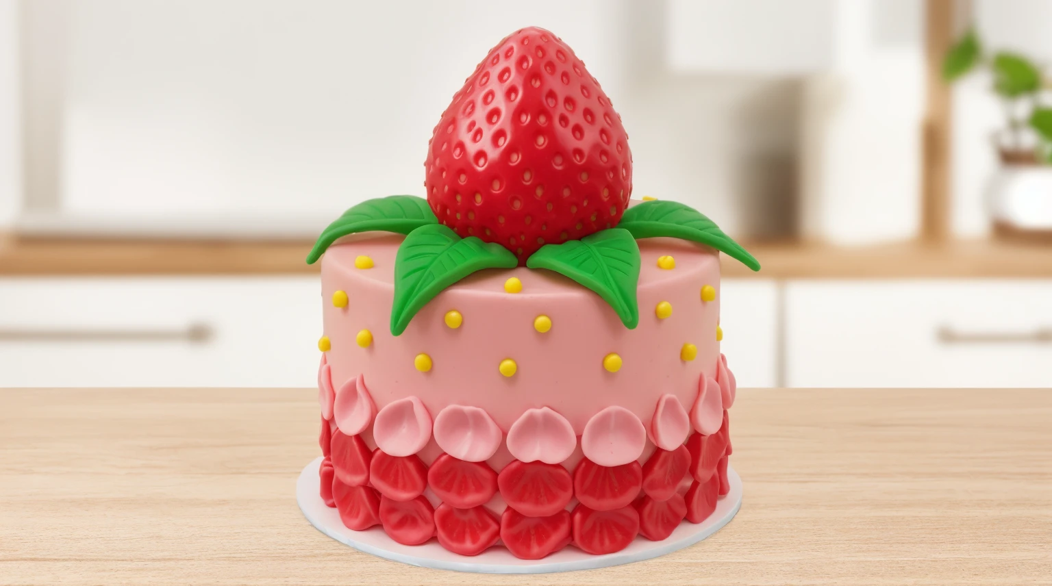 in the kitchen, on a wooden table, on a porcelain plate, a tiny pink cream cake, the bottom is decorated with cream petals, on top of the cake is a polymer clay candy in the form of a strawberry with leaves, the cake is decorated with tiny yellow dragee candies, bright lights, soft light, window light, professional lighting, light from the window, neat light, realistic texture, realistic style, detailed texture, high quality, high resolution, high quality rendering, realistic photo, brightning light, macro photo, 4k ultra HD