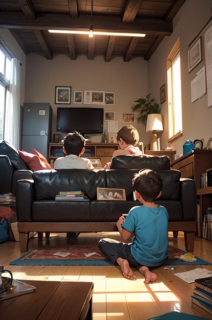 Draw a picture that shows a young man from the back, aged between 5 and 10 years, Watching television. The composition must be a backshot, I.E, showing the young man with his back to the viewer, sitting while watching a TV that is facing the viewer. The scene must be in a living room, with some details like a sofa, a coffee table and maybe some toys scattered on the floor. Lighting should be soft, creating a cozy and familiar atmosphere