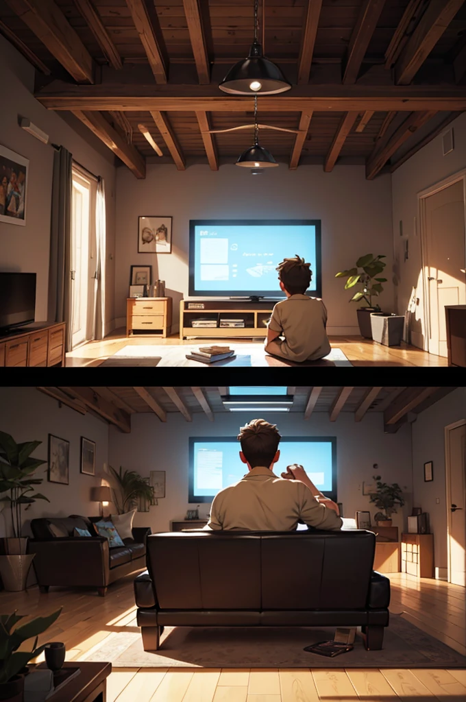 Draw a picture that shows a young man from the back, aged between 5 and 10 years, Watching television. The composition must be a backshot, I.E, showing the young man with his back to the viewer, sitting while watching a TV that is facing the viewer. The scene must be in a living room, with some details like a sofa, a coffee table and maybe some toys scattered on the floor. Lighting should be soft, creating a cozy and familiar atmosphere