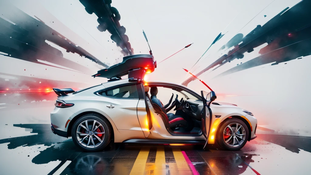 Generate an illustration of a car driving on a highway. The car should be either red or yellow and viewed from the right side. The style should be natural, minimalistic, sci-fi, bright, and with natural colors.