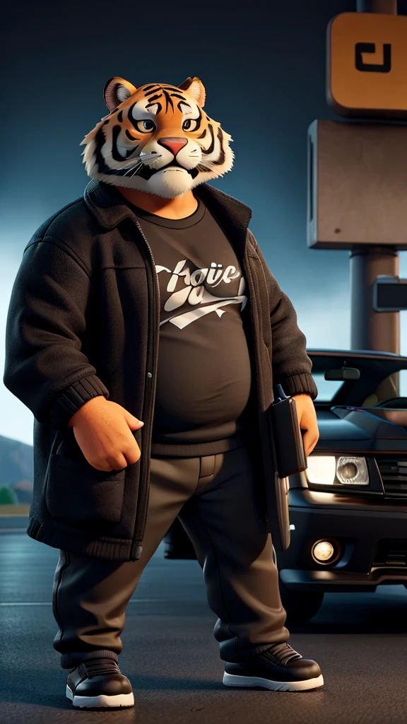 A fat tiger in a black jacket driving a black Camaro with cell phone in hand