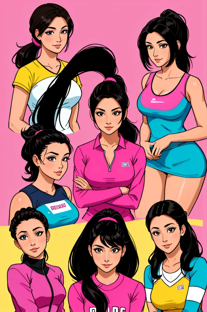 12 women's faces in the post. Each of them has black hair in a ponytail, brown hair in a ponytail, straight black hair in a ponytail, and the rest are wearing a black hijab. All of them are wearing a plain pink volleyball jersey, long black sleeves. Standing in a row from top to bottom bottom, smiling looking half the body. Background of splashes of pink, turquoise and yellow. Details. Focus