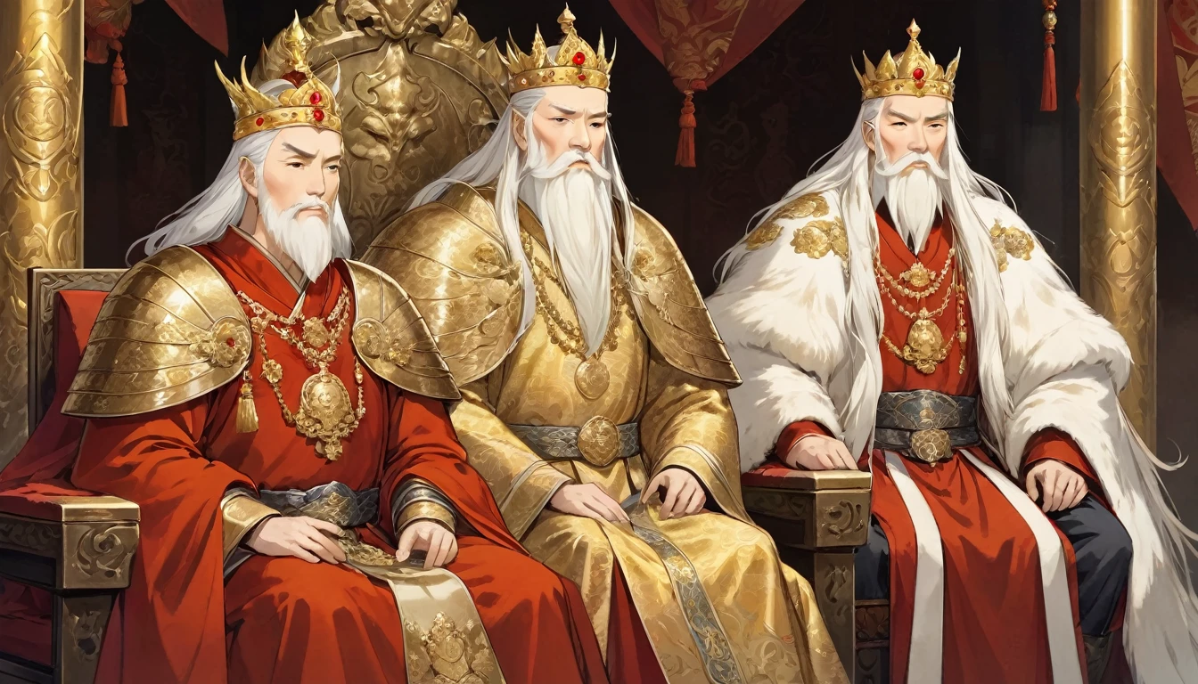 two men,An old emperor named John,Tall, Square face.Silver long hair,Wearing a golden crown, Thick eyebrows,Long white beard.,Pale complexion, Wearing a gorgeous golden robe,Embroidered with dragon pattern, ,Another young general named Ken,Burly figure,Long face, Blonde short hair,Thick eyebrows,Short whiskers,Healthy bronze,Wearing a red armor,Symbol with sun, ,There is a golden sword on the waist, ,John is sitting majestically on a glittering throne,Ken stands in front of the throne,There was an air of respect and loyalty between the two.。