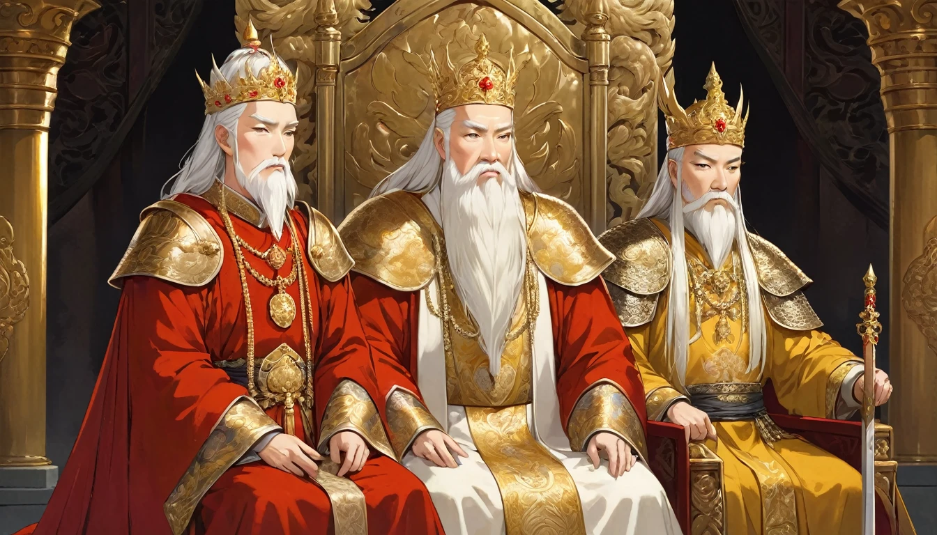 two men,An old emperor named John,Tall, Square face.Silver long hair,Wearing a golden crown, Thick eyebrows,Long white beard.,Pale complexion, Wearing a gorgeous golden robe,Embroidered with dragon pattern, ,Another young general named Ken,Burly figure,Long face, Blonde short hair,Thick eyebrows,Short whiskers,Healthy bronze,Wearing a red armor,Symbol with sun, ,There is a golden sword on the waist, ,John is sitting majestically on a glittering throne,Ken stands in front of the throne,There was an air of respect and loyalty between the two.。