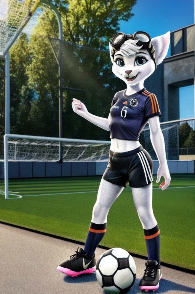 Rivet, tail, furry girl, 1girl, solo, young, ((Germany soccer shorts)), ((Germany soccer shirt)), ((Germany soccer shoes)), standing inside city park, detailed body fur, detailed body, detailed eyes, detailed face, athletic, skinny, high quality, masterpiece, small breasts, goggles, :D, looking at you, full body, (female cameltoe in soccer shorts), (good lighting on crotch),