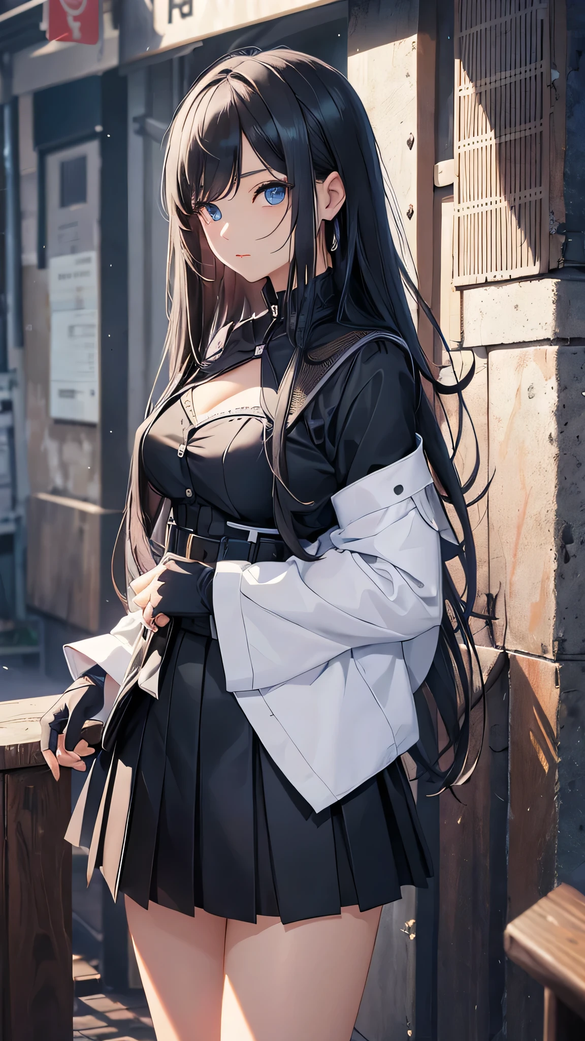 最high quality、Best image quality、masterpiece、With a girl((cute、20-year-old、Best Bust、Medium Bust、Bust 85,Beautiful Blue Eyes、Spread your chest wide,Long black hair、Slender、The best valley、Blue Y-shirt、White short skirt,Show the whole body、Black perforated gloves))high quality、Beautiful art、background((School、School zone、Strong winds)),Tabletop、Exquisite design、Visual Arts、Depth of written boundary、Best lighting、Highest detail、8k