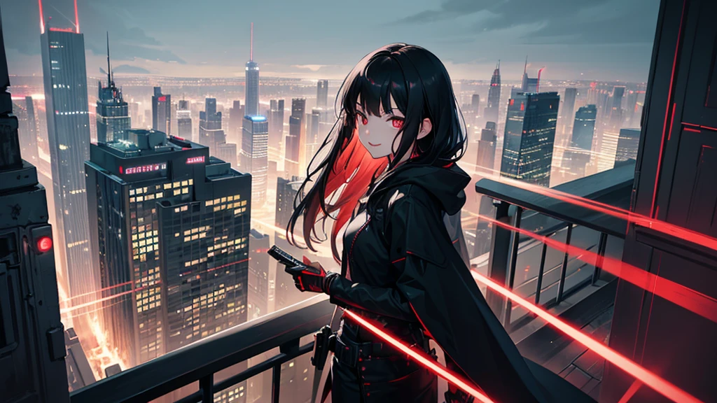 最high resolution,high resolution,Legendary Assassin, Beautiful Teenage Woman,Small breasts,black hooded coat , Grey Shirt,Black pants,Fearless smile, Red lips, Black Hair, Red eyes, realism, Night city view from the top of a skyscraper,Neon Town,Digital Painting, Concept Art, Smooth, Sharp focus, Three-part method, Style Psycho,Detailed Eyes,assassin's creed