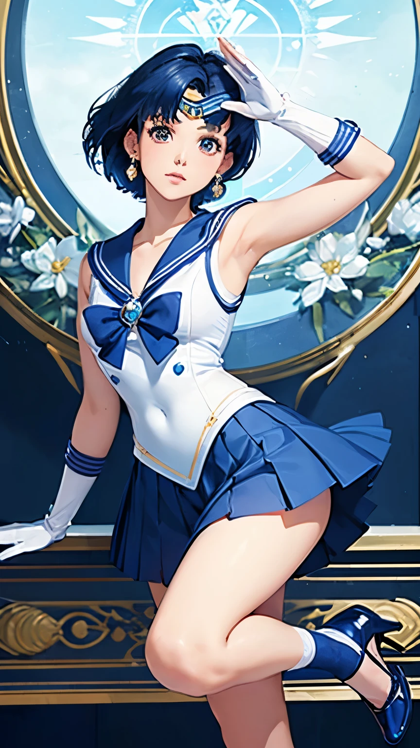 Highest quality, masterpiece, High resolution, One Girl, ((Sailor Mercury)), (Sailor Warrior Uniforms:1.2), (Aqua Eye:0.9), Dark blue hair, Medium Hair, Earrings, jewelry, Intricate details, (White elbow gloves:1.1),Center of chest, Pleated skirt,High heels,whole body, Dynamic Background, Dynamic posture,