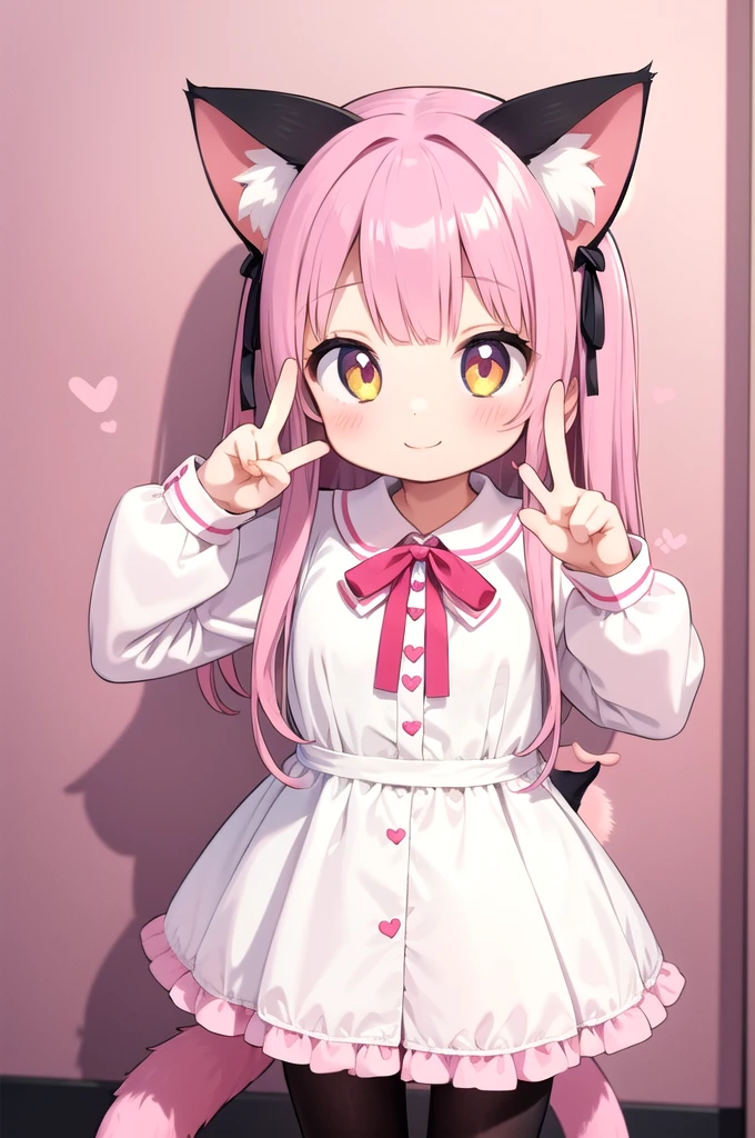 1girl,cat girl,animal ears,tail,looking at viewer,smile,peace sign,pink kawaii room,heart item,ribbon,standing,upper body,