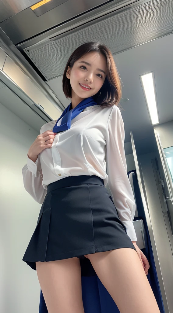 (8K, best quality, masterpiece:1.2), (realistic, photo-realistic:1.37), (high color saturation:1.0), (highly detailed skin), (highest quality:1.0), (ultra high resolution:1.0) ,(realistic:1.0), (Super detailed:1.0), (8K, Raw photo:1.1)、standing random pose, smiling, natural breast, perfect lighting, 22years old, (mysterious), clear and detailed, ((japaniese_office_uniform, flared skirt, sexy_blouse, flight attendant_neck scarf)), (indoor office, escalator), surprised face, ((looking at back viewer)), ((low angle photo)), (the sexy_shorts are showing under her skirt), inverted nipples,