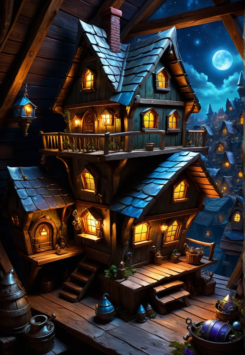 There is a forgotten lost gnome house in the attic box, fantasy, Fantastic Ideas, from above, 3/4 view  fantasy art, Dark attic, glowing city lights