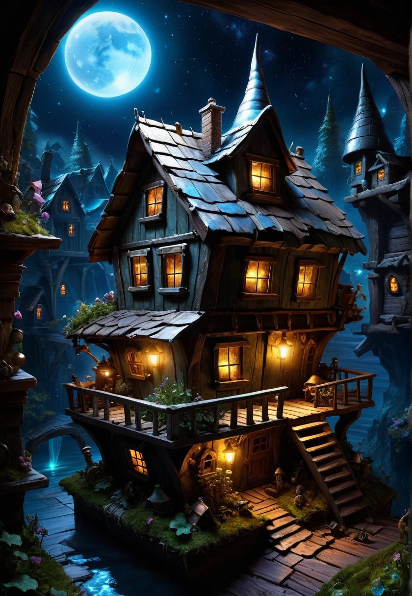 There is a forgotten lost gnome house in the attic box, fantasy, Fantastic Ideas, from above, 3/4 view  fantasy art, Dark attic, glowing city lights