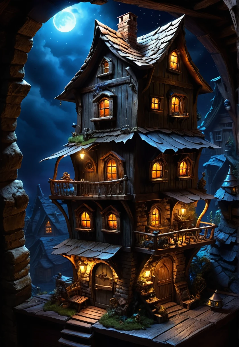 There is a forgotten lost gnome house in the attic box, fantasy, Fantastic Ideas, from above, 3/4 view fantasy art, Dark attic, glowing city lights