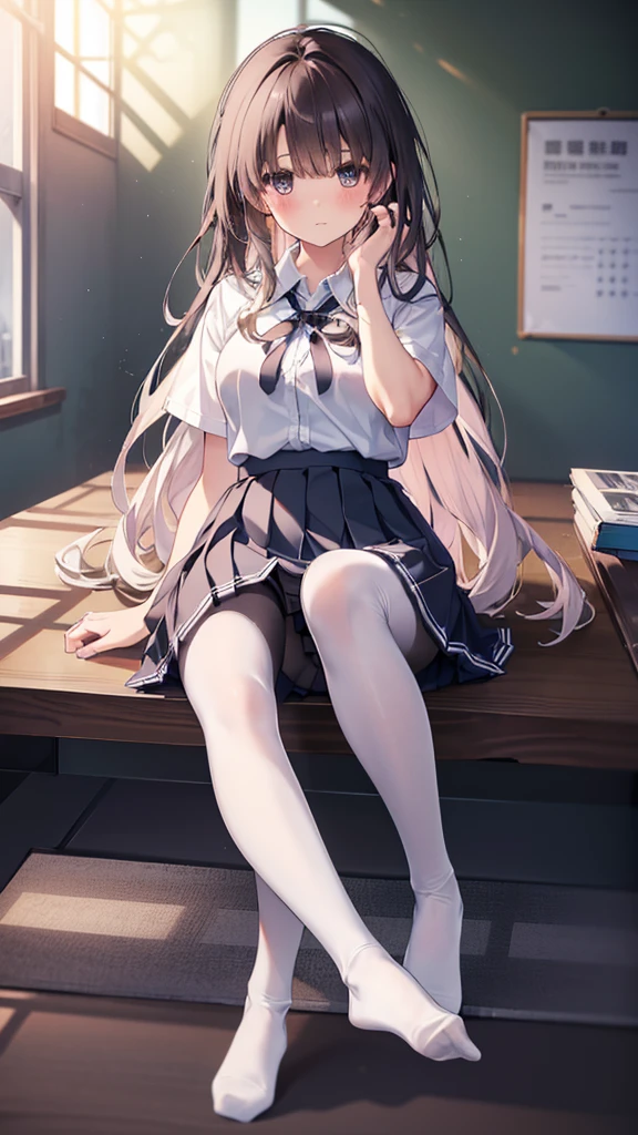 (8K、Best image quality、Highest quality、masterpiece)、One tall girl、((whole body))、Sit on the floor with your legs spread、White panties are visible、Long Hair、Wavy Hair、blush、Medium Bust、White collared shirt、Short sleeve、((Checkered pleated mini skirt))、Classroom Background、((black tights))、Black Pantyhose、((No shoes))