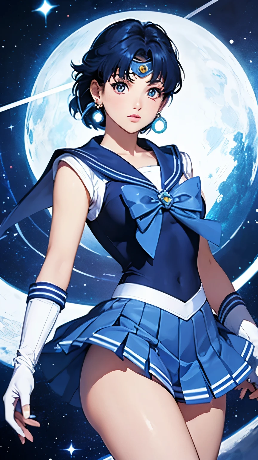  Highest quality,  masterpiece, High resolution, One Girl, ((Sailor Mercury)), (Sailor Warrior Uniforms:1.2), (Aqua Eye:0.9), Dark blue hair, Medium Hair, Earrings,  jewelry, Intricate details, (White elbow gloves:1.1),Center of chest, Pleated skirt,High heels,whole body, Dynamic Background, Dynamic posture, 