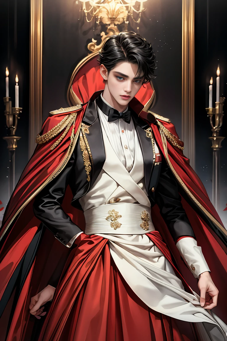 masterpiece, 最high quality, high quality, 1 boy, alone, Male focus, Watching the audience, Messy black hair, Adorable big blue eyes, White people, Noble, Noble,Sexy voluminous black and red cape、Tuxedo、A very voluminous, large, very large, very large, long, long red and black cape with a high stand-up collar, reaching down to the floor, made of a lot of fabric., ,Cute beautiful boys,Cute, cute, kind, handsome guy