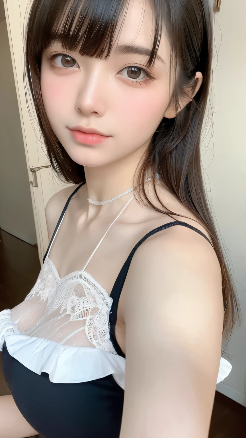 see through，Beautiful and fair、Radiant Skin, 3 Up, Gorgeous, bright, Refreshing and gentle expression, Perfect beautiful face、Beautiful shiny bangs, A very beautiful 17 year old girl, Eyeliner, Very perfect eyes，Very large breasts，Grooves reveal original skin，Muscular body，White lace suspenders