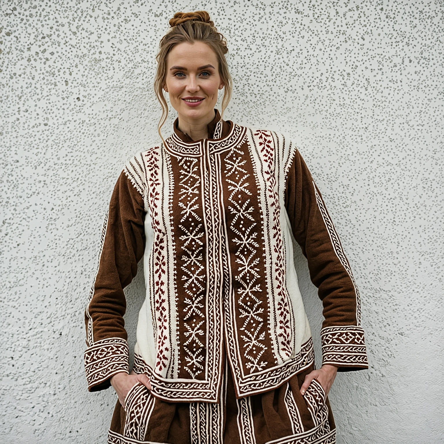 best quality, masterpiece, realistic, gorgeous icelandic woman that wears a typical icelandic clothing and hairstyle, icelandic woman with all her features and characteristics, infront of a white wall, shes wearing typical icelandic clothing, smiling, innocent, intricate details, highly detailed, sharp focus, professional, 4k, highres, detailed facial features, high detail, sharp focus, smooth, aesthetic, extremely detailed, photorealistic, realistic, post-processing, max detail, roughness, real life, ultra realistic, photorealism, photography, 8k uhd, photography, instagram, viral instragram photo, solo, 1 woman, full upper body, the focus is on her and her body