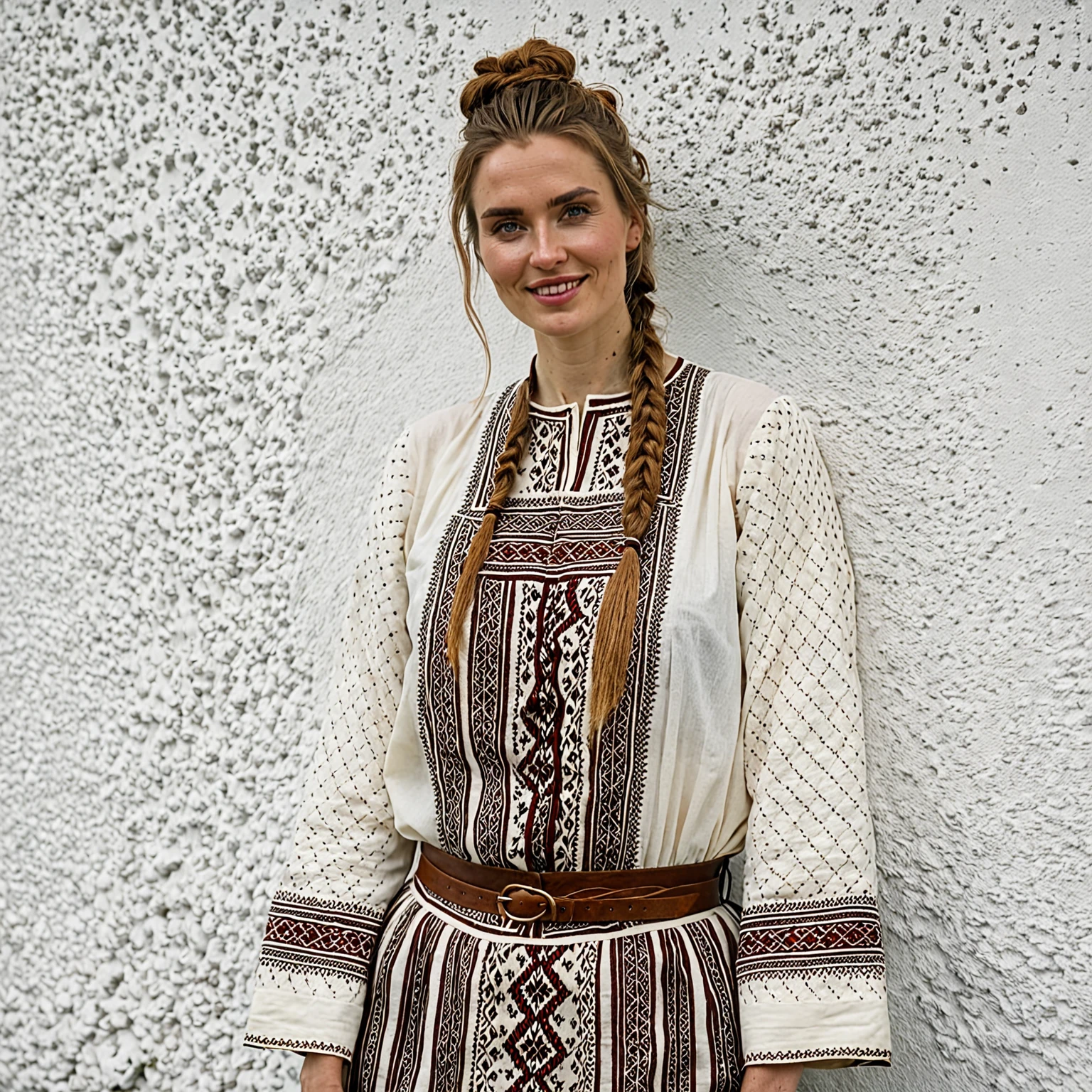 best quality, masterpiece, realistic, gorgeous icelandic woman that wears a typical icelandic clothing and hairstyle, icelandic woman with all her features and characteristics, infront of a white wall, shes wearing typical icelandic clothing, smiling, innocent, intricate details, highly detailed, sharp focus, professional, 4k, highres, detailed facial features, high detail, sharp focus, smooth, aesthetic, extremely detailed, photorealistic, realistic, post-processing, max detail, roughness, real life, ultra realistic, photorealism, photography, 8k uhd, photography, instagram, viral instragram photo, solo, 1 woman, full upper body, the focus is on her and her body