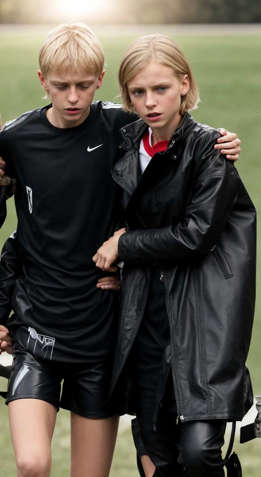 an injured soccer player needs support, a blond woman supports an injured soccer player in walking, he is really collapsing with pain, he is really fainting, she is holding him up, he is hanging on her shoulder, they are standing very close together, his hand is lying on her shoulder, arm-in-arm, she has her hand around his waist, she is wearing shiny leather pants, she is grabbing his waist, a man in a white tanktop, a shorthaired blond man, a girl in shiny leather pants, a shorthaired blond man in a white tanktop, a brownhaired woman with a very desperate facial expression, a brownhaired woman in a high shine blue and red nylon-coat, there is a young couple standing arm-in-arm, there is a brownhaired attractive woman wearing a high-shine nylon-coat, a wetlook nylon-coat, a brownhaired woman is crying with sorrow, a brownhaired woman is holding an injured shorthaired boy, there is a boy in jeans and tanktop hugging a brownhaired woman that is wearing a very shiny padded laquered coat, a shorthaired blond boy has a painful face and cannot walk, there is a brownhaired girl giving support to an injured shorthaired boy, a wounded blond and shorthaired boy cannot walk and has to be supported by a girl, he grabs her shoulder, he has his arm around her shoulder, his hand is on her shouder, a sad looking girl ia carrying a wounded boy, masterpiece, jeans, boy in a white cotton tanktop, super detailed background, detailed face, brown eyes, crying out, tears, desperation, pain, agony, accident pose, dramatic suffering pose, hands detailed hands