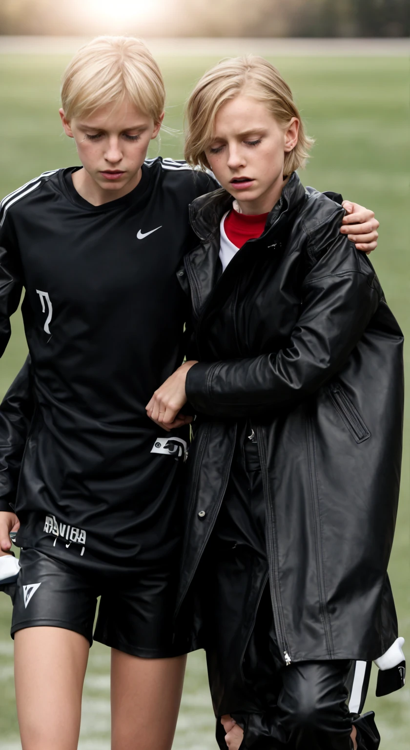 an injured soccer player needs support, a blond woman supports an injured soccer player in walking, he is really collapsing with pain, he is really fainting, she is holding him up, he is hanging on her shoulder, they are standing very close together, his hand is lying on her shoulder, arm-in-arm, she has her hand around his waist, she is wearing shiny leather pants, she is grabbing his waist, a man in a white tanktop, a shorthaired blond man, a girl in shiny leather pants, a shorthaired blond man in a white tanktop, a brownhaired woman with a very desperate facial expression, a brownhaired woman in a high shine blue and red nylon-coat, there is a young couple standing arm-in-arm, there is a brownhaired attractive woman wearing a high-shine nylon-coat, a wetlook nylon-coat, a brownhaired woman is crying with sorrow, a brownhaired woman is holding an injured shorthaired boy, there is a boy in jeans and tanktop hugging a brownhaired woman that is wearing a very shiny padded laquered coat, a shorthaired blond boy has a painful face and cannot walk, there is a brownhaired girl giving support to an injured shorthaired boy, a wounded blond and shorthaired boy cannot walk and has to be supported by a girl, he grabs her shoulder, he has his arm around her shoulder, his hand is on her shouder, a sad looking girl ia carrying a wounded boy, masterpiece, jeans, boy in a white cotton tanktop, super detailed background, detailed face, brown eyes, crying out, tears, desperation, pain, agony, accident pose, dramatic suffering pose, hands detailed hands