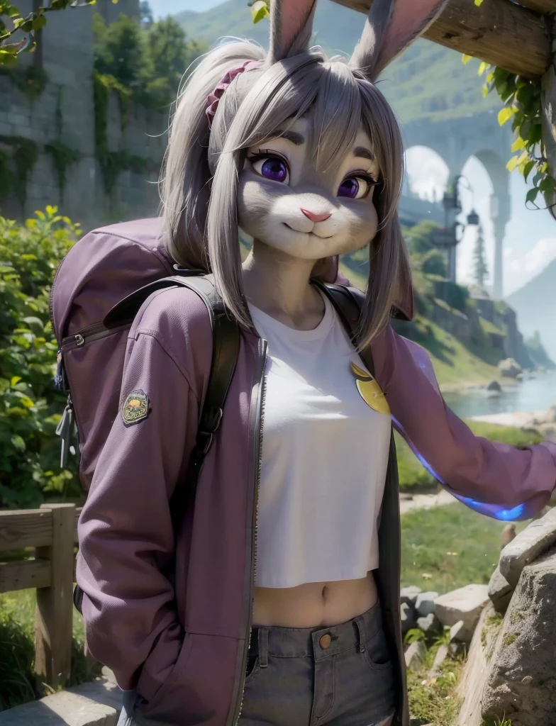 Highest quality,
masterpiece,
Ultra-realistic,
Super detailed,
Beautiful details,
4K,8K,upper,
pixar,
Photo realistic,
Medium Shot,
Background is ((Magnificent mountain)),
Realistic lighting,
hiking woman,
((Anthropomorphic rabbit)),
Detailed animals,
Complex patterns,
(Furry:1.35),
(All skin is grey:1.3),
(The body is fluffy and bushy:1.3),
Realistic fur,
Human hand,
(Judy Hopps face:1.35),
((ponytail hair)),
((side part bangs)), bangs,
((dark gray hair color)),
Purple eyes,
{Eye highlights, Clear eyes, Eyes sparkling, Large, round pupils},
Detailed Iris,
(Eyebrows raised:1.2),
(Crescent eyebrows:1.3),
(Bunny ears:1.3),
Smiling happily,
raised corners of mouth,
The woman is wearing T-shirt over the check shirt and shorts,
((White T-shirt)) BREAK ((gingham check shirt)) BREAK ((wine red Trekking Shorts)),
carry a backpack, rucksack,
(alone:1.5),
(1 Female:1.5),
Only 1 character,
Perfect Anatomy,
Lighting forward,
Lighting front,
sunlight,
Intricate details,
Ray Tracing,
Realistic,