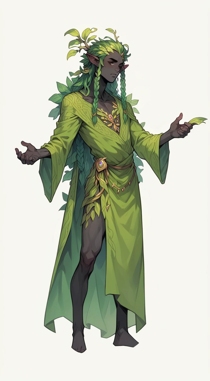 A humanoid being like a dryad with plants coming out of its skin, (black skin), sage, calm expression.
