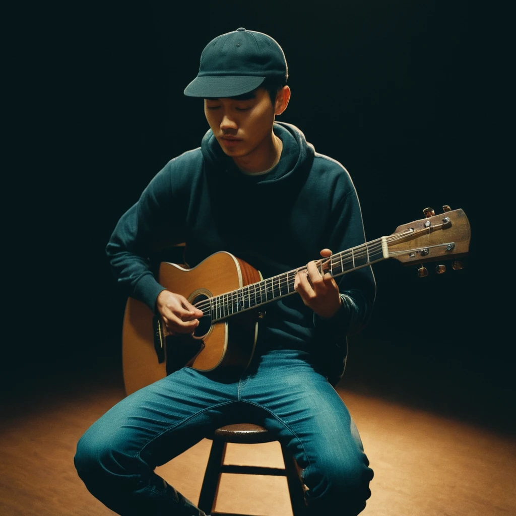 UHD, 4k, ultra detailed, cinematic, a photograph of  noise:1
Film grain still image of a asian man sitting on a stool playing a guitar,solo,short hair,backwards cap,shirt,black hair,1boy,sitting,hoodie,closed eyes,male focus,pants,mouth hold,instrument,cigarette,realistic,music,smoking,guitar,playing instrument , cinematic look, film look, filmic, contrast, detailed, high quality, sharp image, film color, Kodak Motion Picture Film style, different color, different people, different look, different style, 35MM Film, 16MM Film, Photographic film, music video style, artistic style, cinematic style, film granularity, film noise, image noise, artistic effect, Fujicolor, Fuji film, Analog photography, movie style, movie still, Film grain overlay, Film Grain style, epic, beautiful lighting, inpsiring