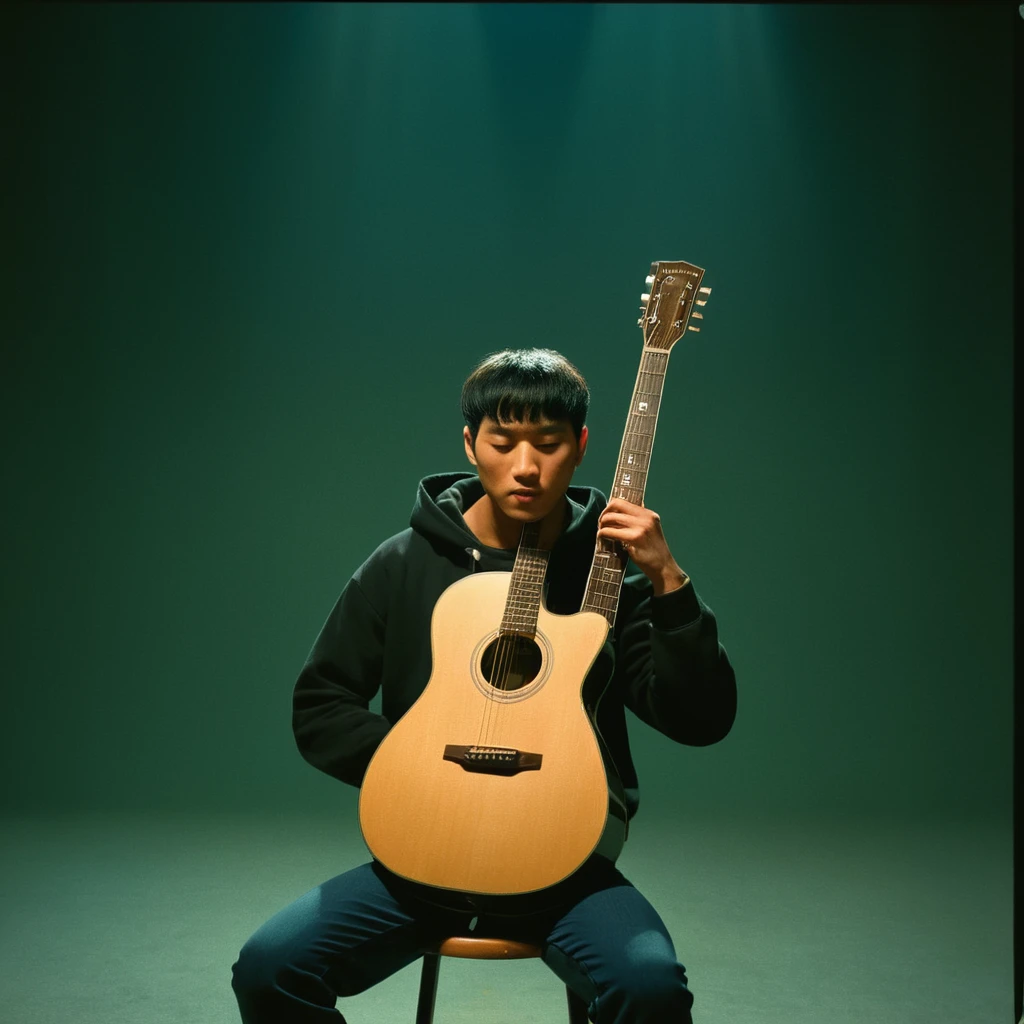 UHD, 4k, ultra detailed, cinematic, a photograph of  noise:1
Film grain still image of a asian man sitting on a stool playing a guitar,solo,short hair,backwards cap,shirt,black hair,1boy,sitting,hoodie,closed eyes,male focus,pants,mouth hold,instrument,cigarette,realistic,music,smoking,guitar,playing instrument , cinematic look, film look, filmic, contrast, detailed, high quality, sharp image, film color, Kodak Motion Picture Film style, different color, different people, different look, different style, 35MM Film, 16MM Film, Photographic film, music video style, artistic style, cinematic style, film granularity, film noise, image noise, artistic effect, Fujicolor, Fuji film, Analog photography, movie style, movie still, Film grain overlay, Film Grain style, epic, beautiful lighting, inpsiring