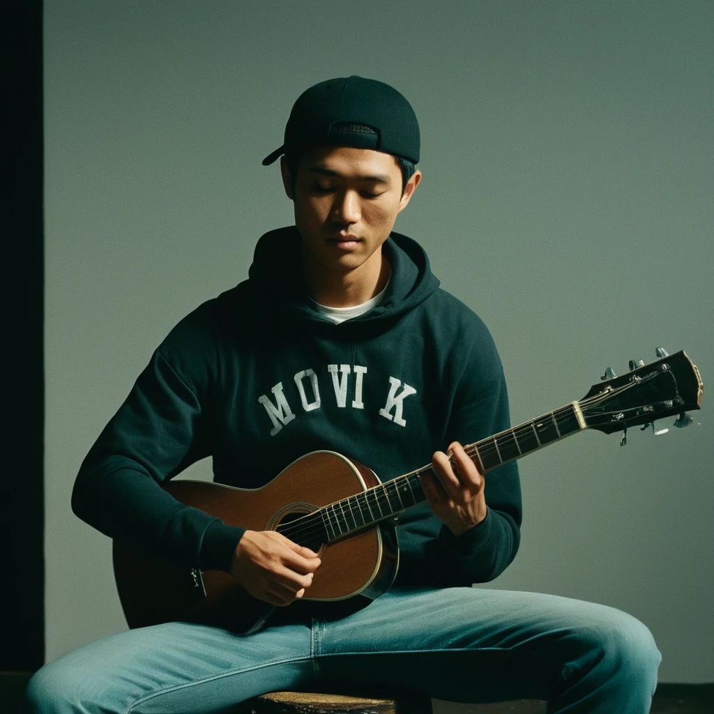 UHD, 4k, ultra detailed, cinematic, a photograph of  noise:1
Film grain still image of a asian man sitting on a stool playing a guitar,solo,short hair,backwards cap,shirt,black hair,1boy,sitting,hoodie,closed eyes,male focus,pants,mouth hold,instrument,cigarette,realistic,music,smoking,guitar,playing instrument , cinematic look, film look, filmic, contrast, detailed, high quality, sharp image, film color, Kodak Motion Picture Film style, different color, different people, different look, different style, 35MM Film, 16MM Film, Photographic film, music video style, artistic style, cinematic style, film granularity, film noise, image noise, artistic effect, Fujicolor, Fuji film, Analog photography, movie style, movie still, Film grain overlay, Film Grain style, epic, beautiful lighting, inpsiring