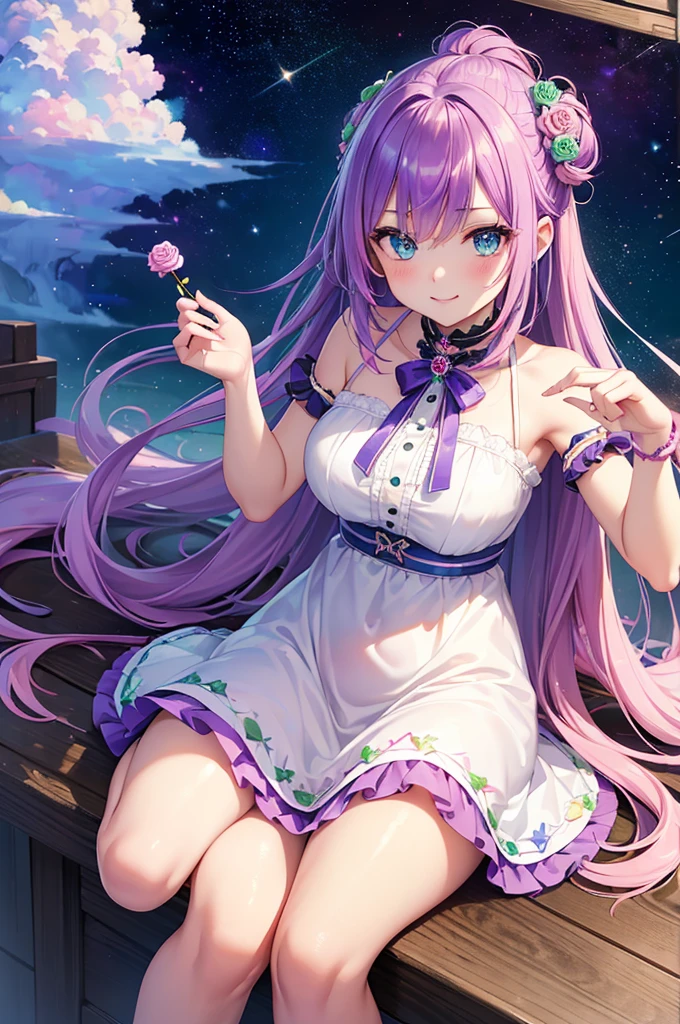 ((Highest quality, Tabletop)), ((Style - Swirl Magic):0.75)
One Girl,(((masterpiece)))、((超detailedな、Highest quality、High resolution、Cinema Lighting))、whole body、From above、whole bodyショット (1 girl)(Rainbow Hair、Colorful Hair、Half Green、Half purple hair:1.2)(Both sides up)(Grey Eyes)、eye shadow、eyeliner、Glowing Eyes、Hyper Detail Eye、Complex eyes、Beautiful Eyes、((Sparkling blue eyes))18-year-old girl、A seductive smile、detailed, Crimson Light, detailed background, Pink rose field, White sundress, Scary Clouds, Light Particles, sitting on roses,((Unusual hairstyle)),Unbelievable hairstyle