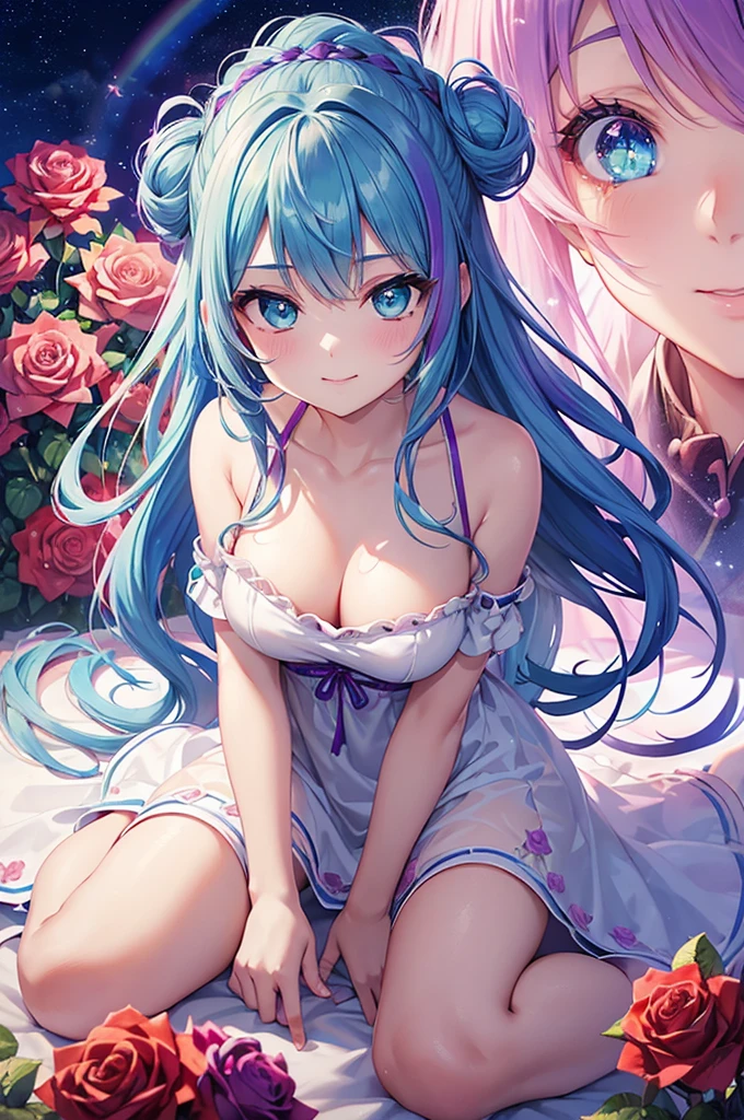 ((Highest quality, Tabletop)),  ((Style - Swirl Magic):0.75)
One Girl,(((masterpiece)))、((超detailedな、Highest quality、High resolution、Cinema Lighting))、whole body、From above、whole bodyショット (1 girl)(Rainbow Hair、Colorful Hair、Half Green、Half purple hair:1.2)(Both sides up)(Grey Eyes)、eye shadow、eyeliner、Glowing Eyes、Hyper Detail Eye、Complex eyes、Beautiful Eyes、((Sparkling blue eyes))18-year-old girl、A seductive smile、detailed, Crimson Light, detailed background, Pink rose field, White sundress, Scary Clouds, Light Particles, sitting on roses,((Unusual hairstyle)),Unbelievable hairstyle