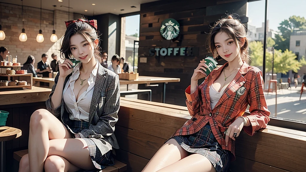 8K、RAW Photos、Highest quality、Super detailed、Super Resolution、Ultra HD、8K壁紙、Amazing details blazer uniform girl ((White blouse with formal collar, A nice red blazer, Black plaid skirt, Red checkered ribbon on blouse)), Complete limbs, Full Finger,
((((Inside the Starbucks store))))、 old female student、(((Eat cake、Drink coffee、smile)))、Heart Necklace、Gold bracelet
((Emphasize cleavage))
((((Woman sitting at the window seat))))