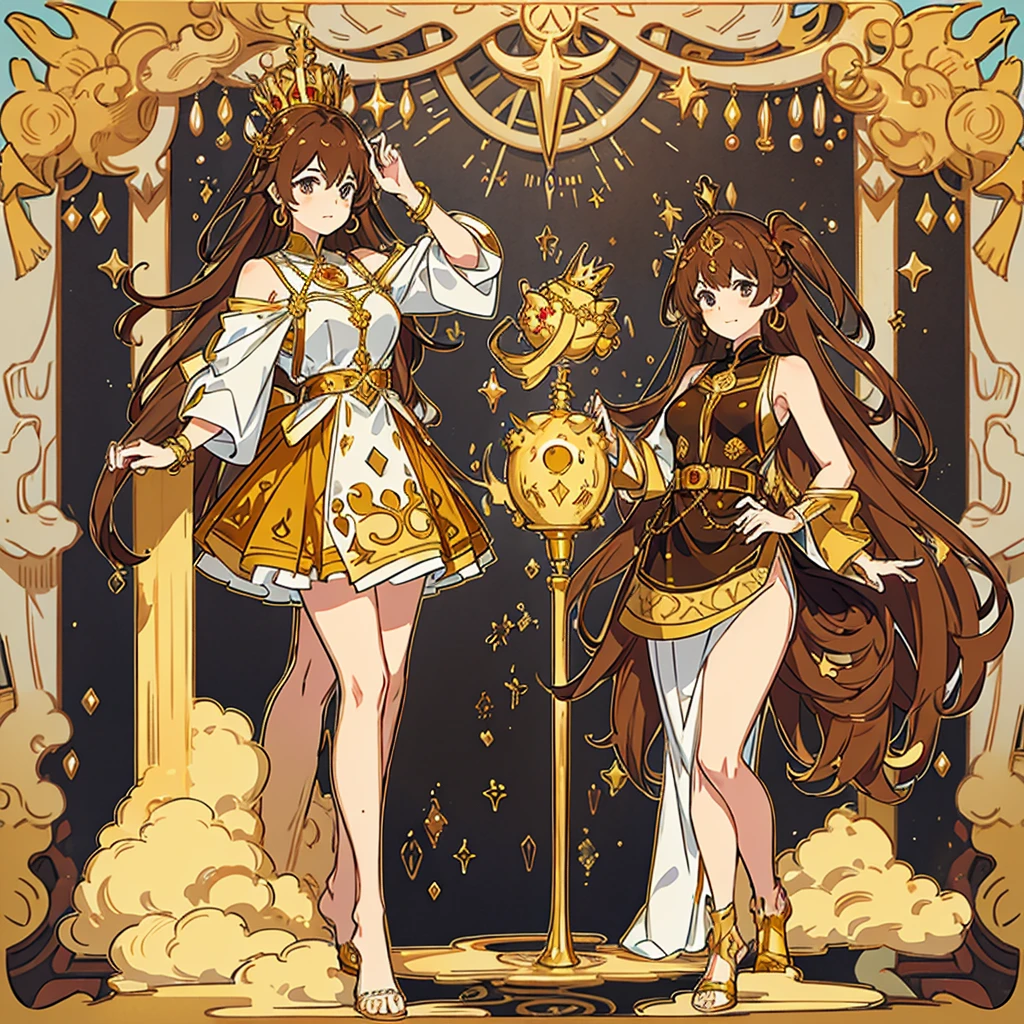 Hair color brown , with a gold crown on her hair with a symbol of a golden poop on it , a marron dress with some jewelry golden poop with a beautiful poop in her hand , background golden toilets , the goddess of poop