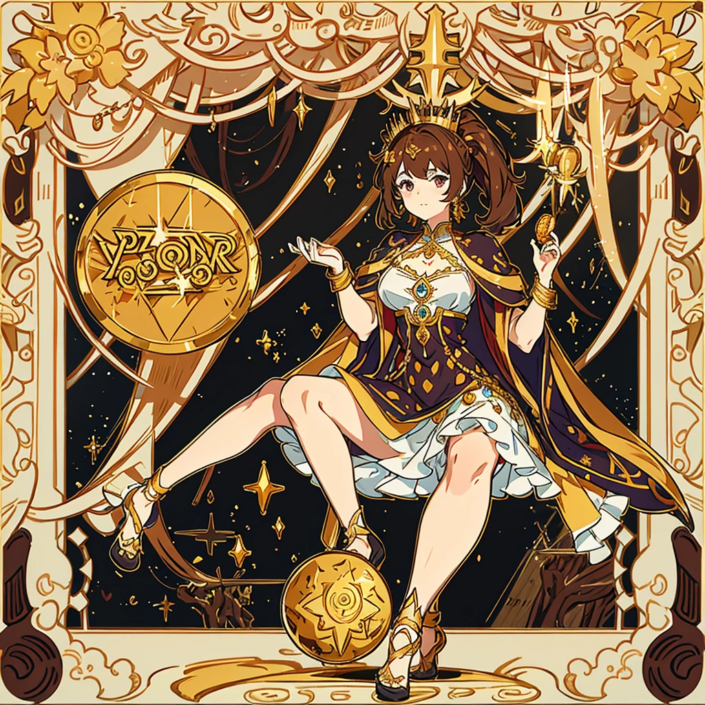 Hair color brown , with a gold crown on her hair with a symbol of a golden poop on it , a marron dress with some jewelry golden poop with a beautiful poop in her hand , background golden toilets , the goddess of poop