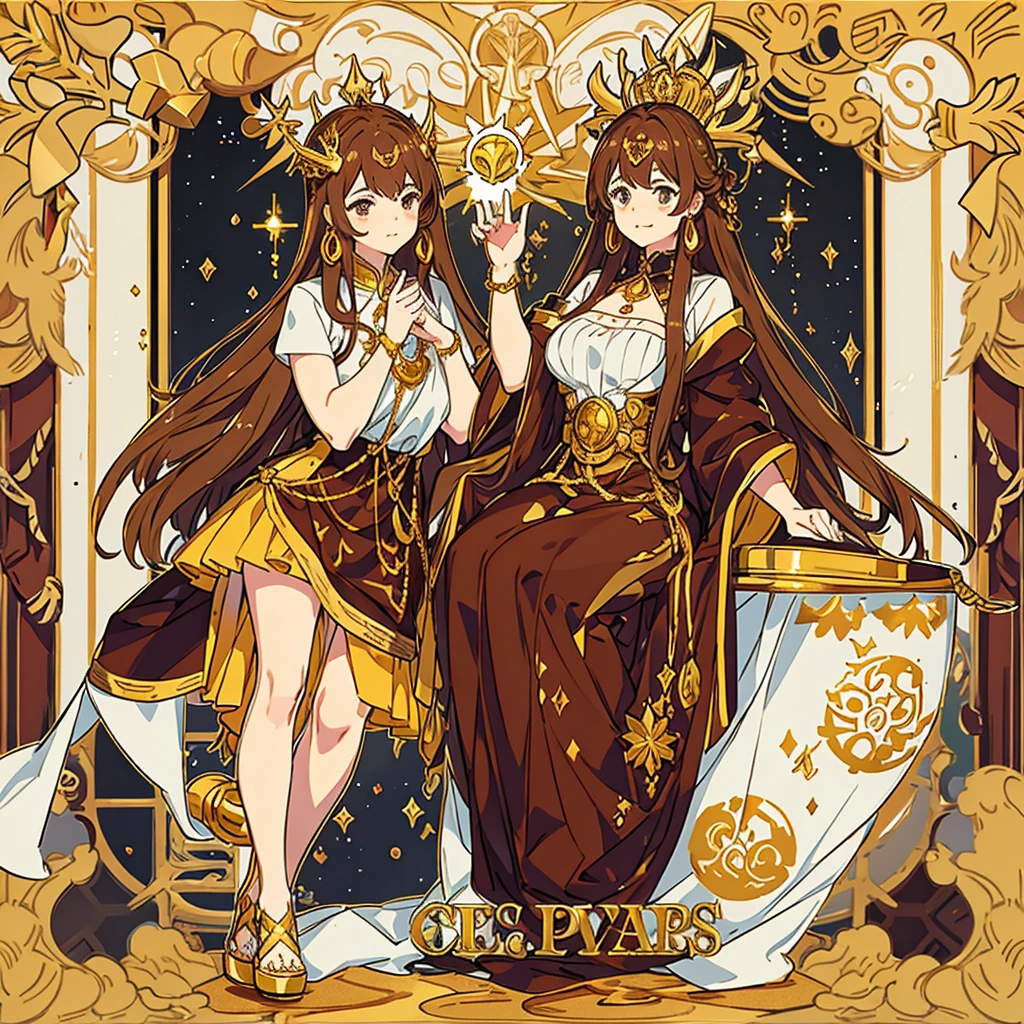 Hair color brown , with a gold crown on her hair with a symbol of a golden poop on it , a marron dress with some jewelry golden poop with a beautiful poop in her hand , background golden toilets , the goddess of poop