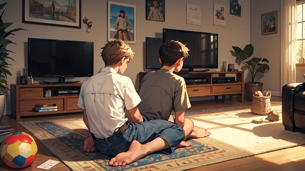 Draw a picture that shows a young man from the back, aged between 5 and 10 years, Watching television. The composition must be a backshot, I.E, showing the young man with his back to the viewer, sitting while watching a TV that is facing the viewer. The scene must be in a living room, with some details like a sofa, a coffee table and maybe some toys scattered on the floor. Lighting should be soft, creating a cozy and familiar atmosphere