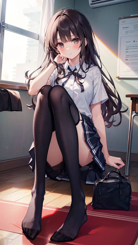 (8K、Best image quality、Highest quality、masterpiece)、One tall girl、((whole body))、Sit on the floor with your legs spread、White panties are visible、Long Hair、Wavy Hair、blush、Medium Bust、White collared shirt、Short sleeve、((Checkered pleated mini skirt))、Classroom Background、((black tights))、Black Pantyhose、((No shoes))